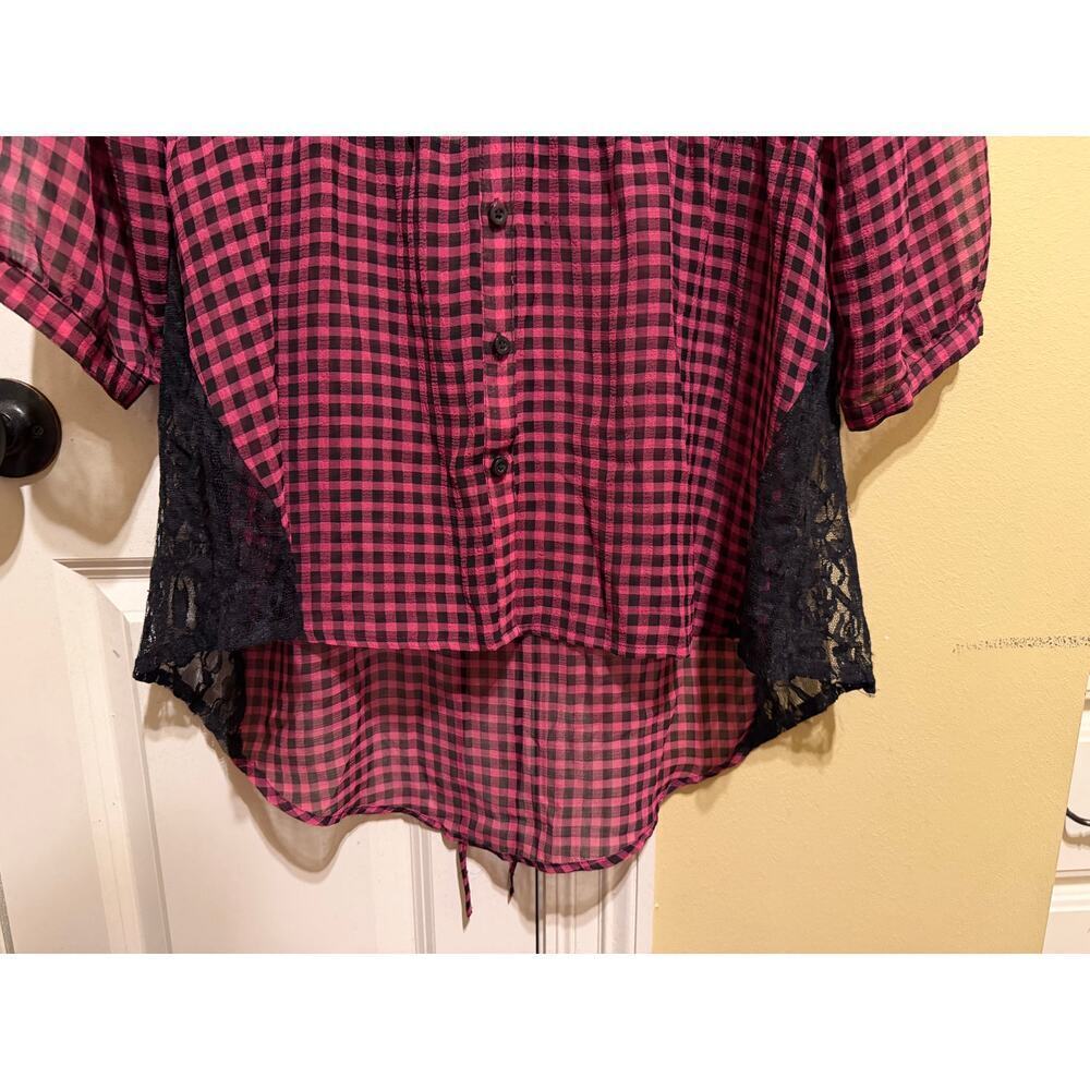 Torrid Women's Pink Black Gingham Tie Back Lace Trim Sheer Boho Top Size 0 Large - Picture 5 of 10